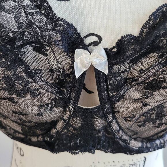 Paramour 40DD black lace bra bow details polka dot mesh back coquette feminine - Picture 5 of 11